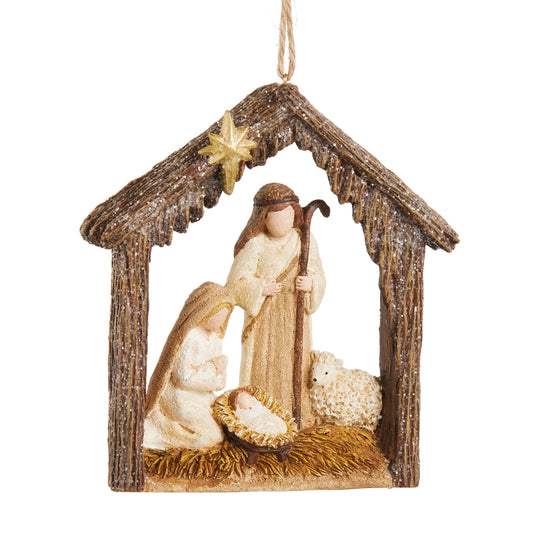 Holy Family Nativity Christmas Ornament, 4.5" Resin | Stable Scene with Star