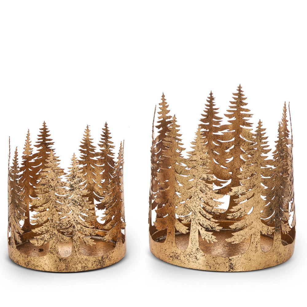 Gold Pine Tree Cut-Out Iron Hurricane Candle Holder