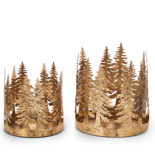 Gold Pine Tree Cut-Out Iron Hurricane Candle Holder