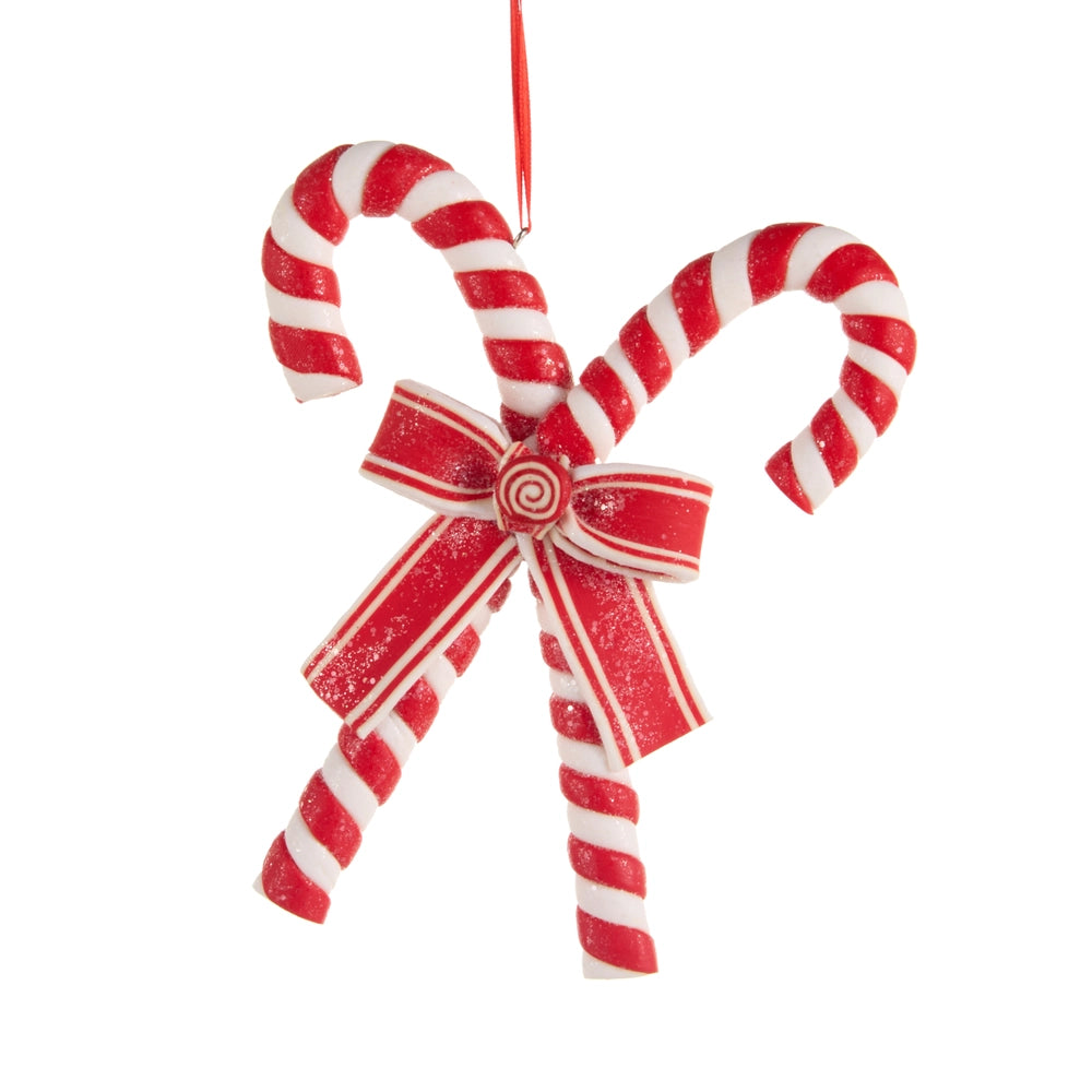 Red and White Candy Cane Duo Christmas Ornament, 6.5" | Clay Dough with Bow