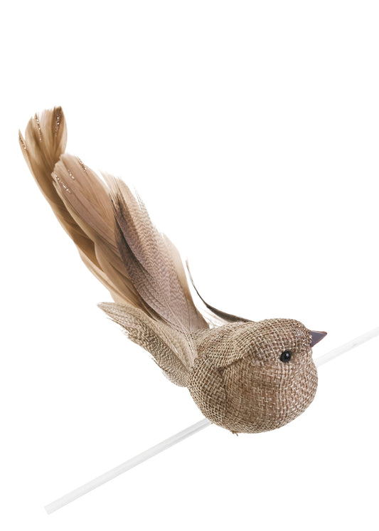 Clip-On Feather Bird Ornament, Gold and Taupe | 2x6.5"