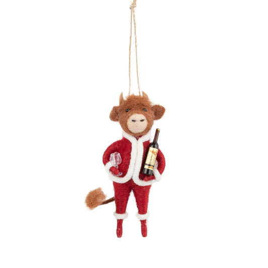 Felt Bull Ornament in Santa Suit Holding Wine