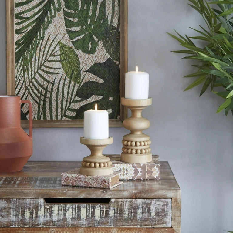 Light Wood Beaded Candle Holder
