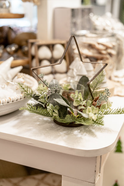 Glittered Pine & Metal Christmas Candle Holder – Tree or Star, 9"