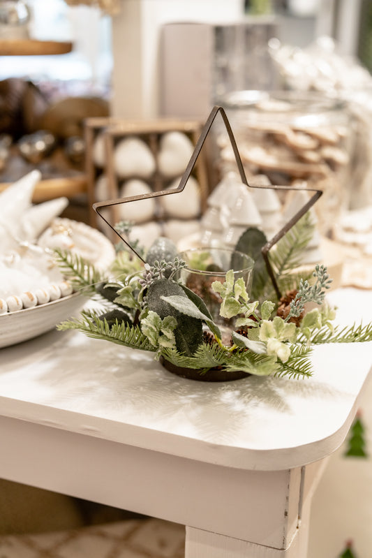 Glittered Pine & Metal Christmas Candle Holder – Tree or Star, 9"