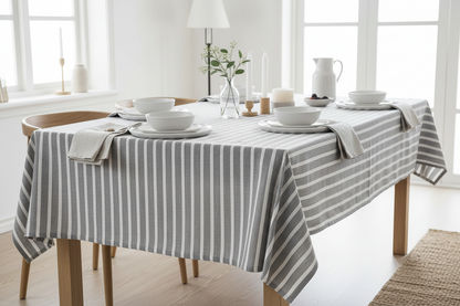 Linen Tablecloth, Denim Grey Stripe