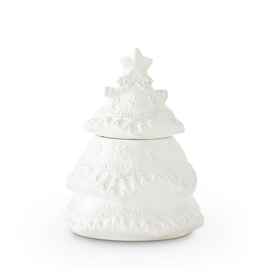 White Ceramic Christmas Tree Cookie Jar – 8.25", Matte Finish with Star Lid