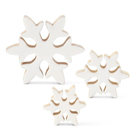 Set of 3 Wood Snowflakes with White Enameled Front
