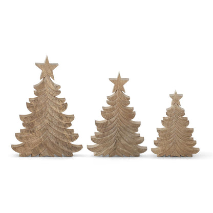 Set of 3 Graduated Mango Wood Wispy Carved Christmas Trees