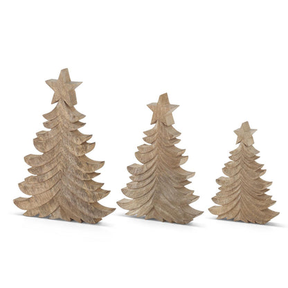 Set of 3 Graduated Mango Wood Wispy Carved Christmas Trees