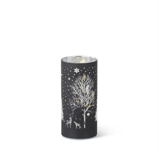 LED Winter Scene Cylinder Lantern with Timer – Laser-Engraved Black