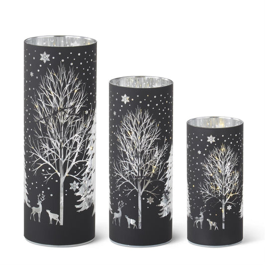LED Winter Scene Cylinder Lantern with Timer – Laser-Engraved Black