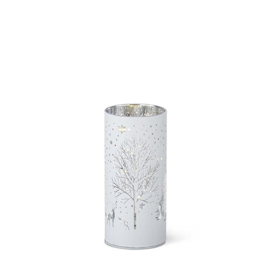 LED Winter Scene Cylinder Lantern with Timer – Laser-Engraved White
