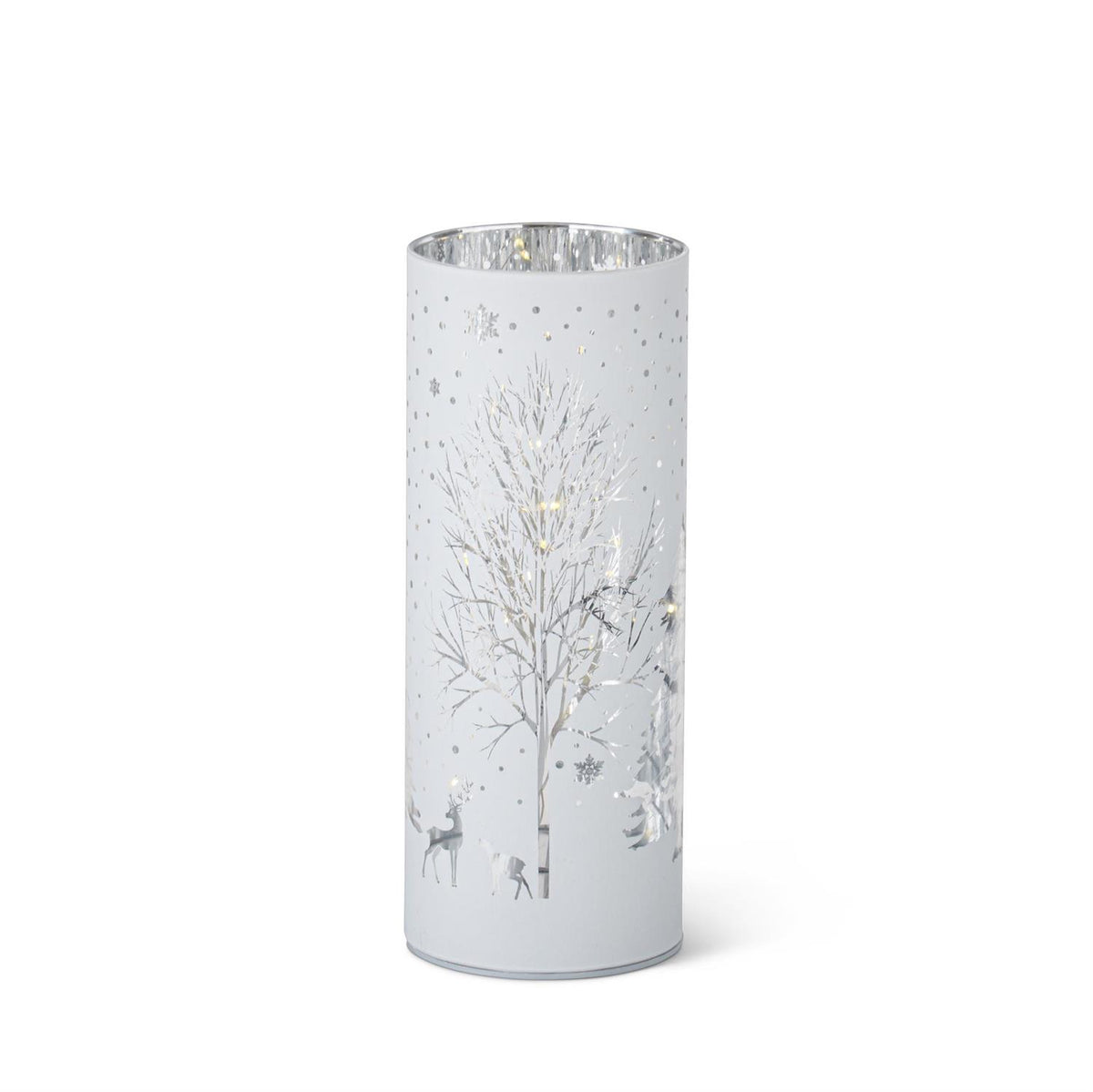 LED Winter Scene Cylinder Lantern with Timer – Laser-Engraved White