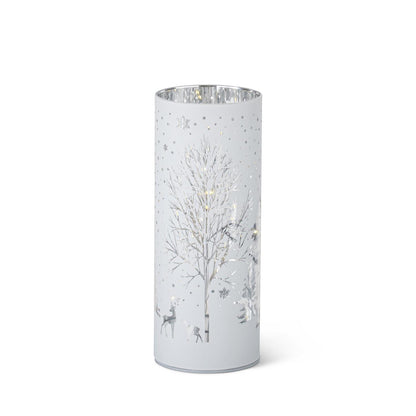 LED Winter Scene Cylinder Lantern with Timer – Laser-Engraved White