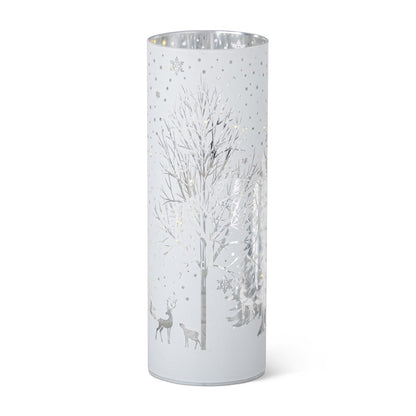 LED Winter Scene Cylinder Lantern with Timer – Laser-Engraved White
