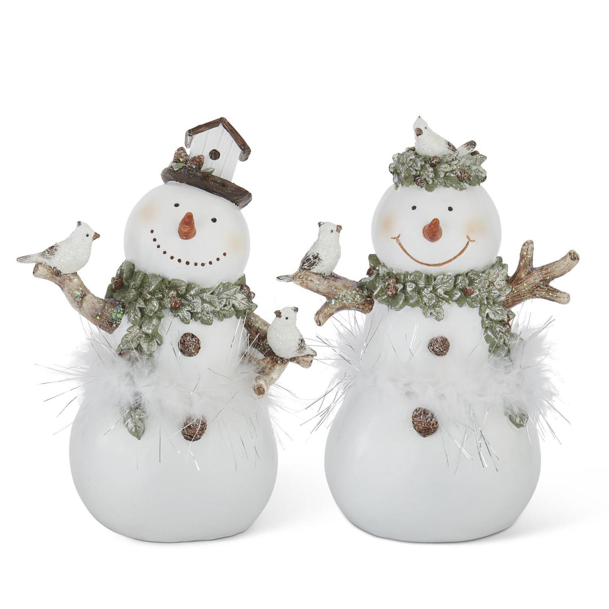 White Glittered Snowman Figurine with Feathers – 9.75"