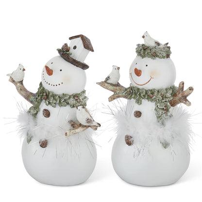 White Glittered Snowman Figurine with Feathers – 9.75"