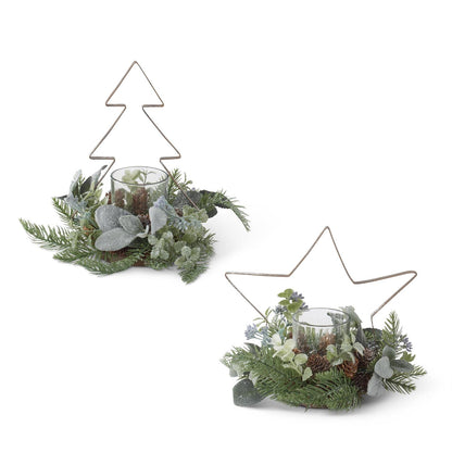 Glittered Pine & Metal Christmas Candle Holder – Tree or Star, 9"