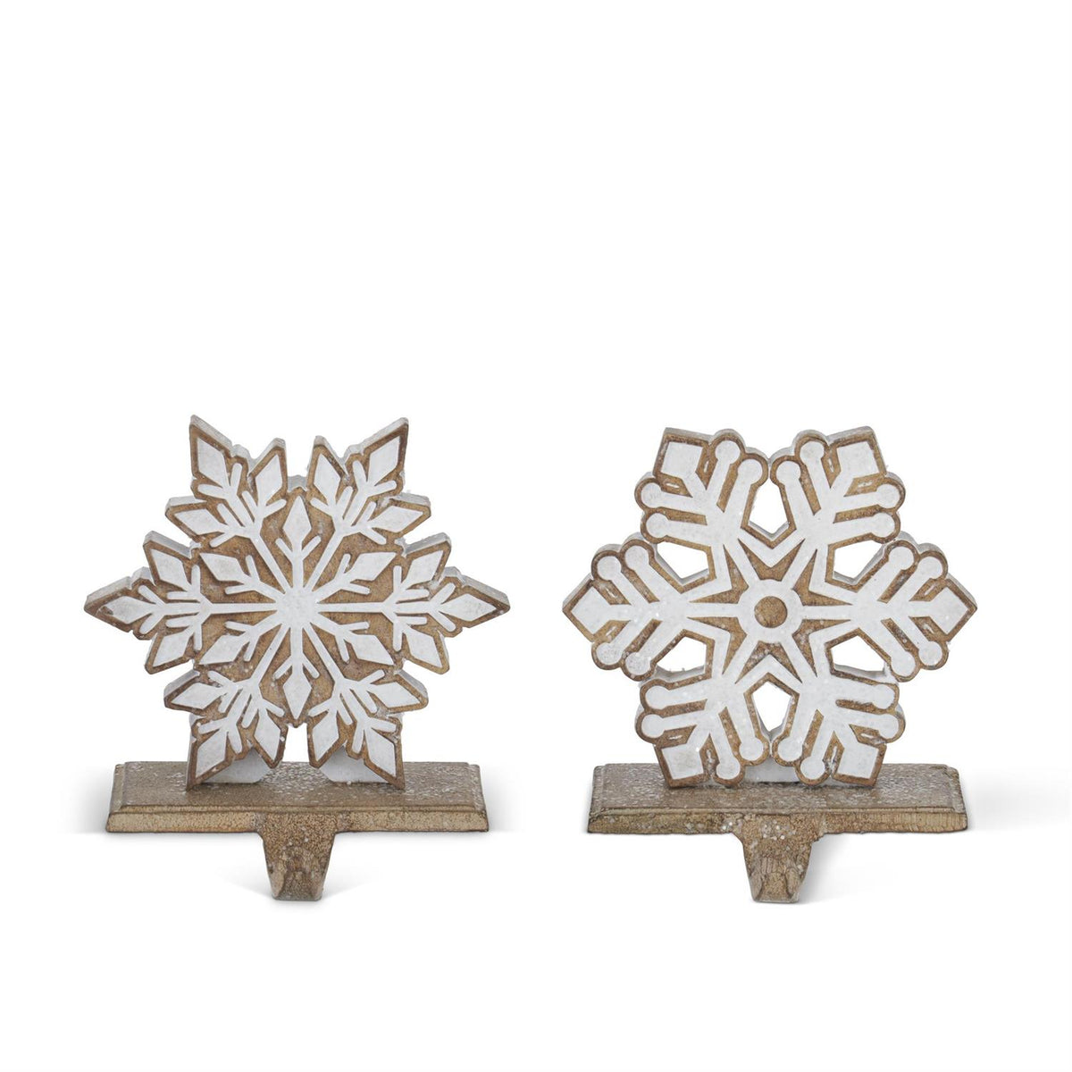 Set of 2 Brown & White Snowflake Stocking Holders – Polyresin & Metal
