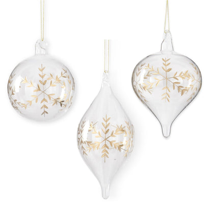 Clear Glass Gold Etched Snowflake Ornaments (3 Styles)