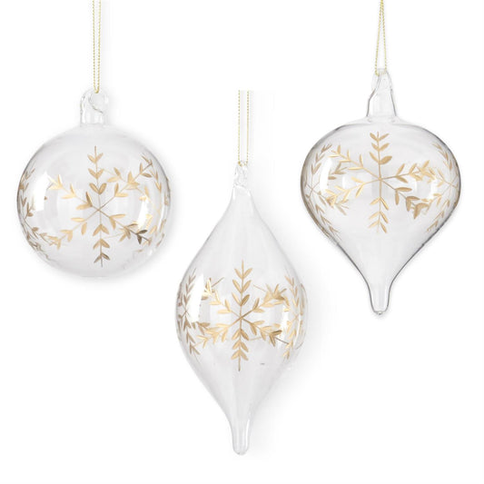 Clear Glass Gold Etched Snowflake Ornaments (3 Styles)