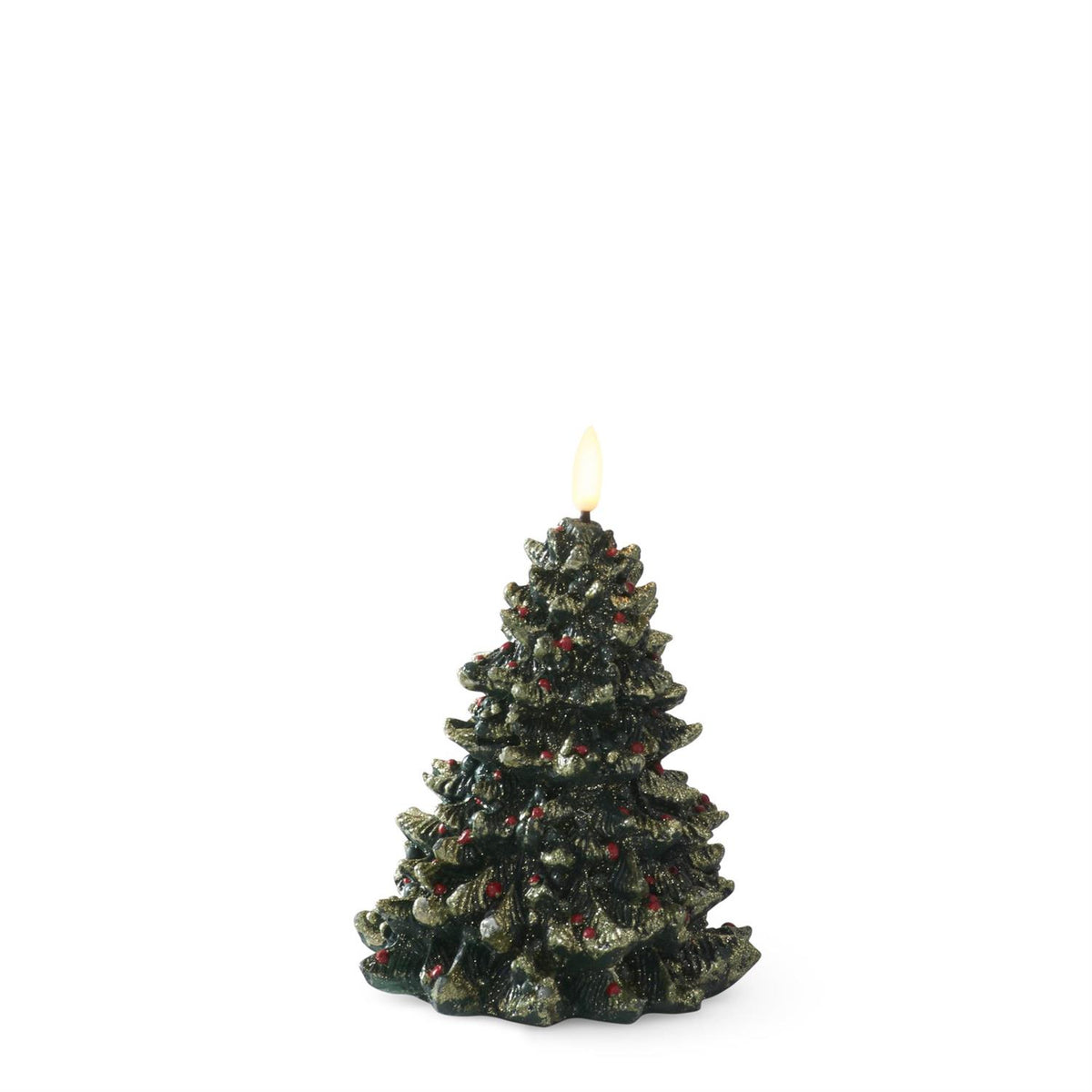 LED Christmas Tree Candles with Gold Glitter & Red Ornaments