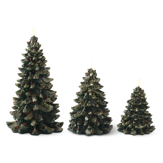 LED Christmas Tree Candles with Gold Glitter & Red Ornaments