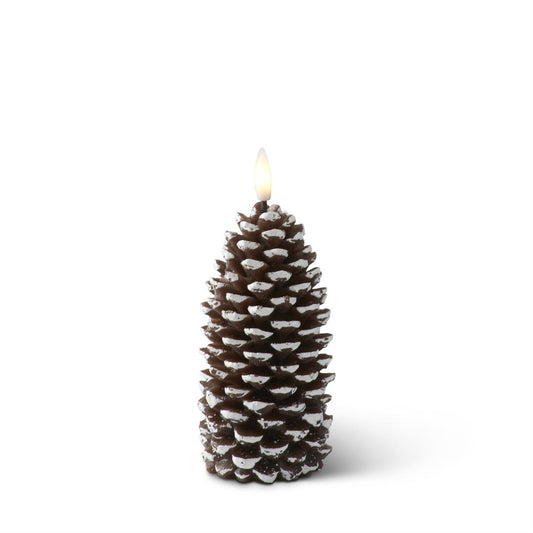 Snow-Tipped Brown Wax LED Pinecone Candle with Flickering Flame – 6.75"