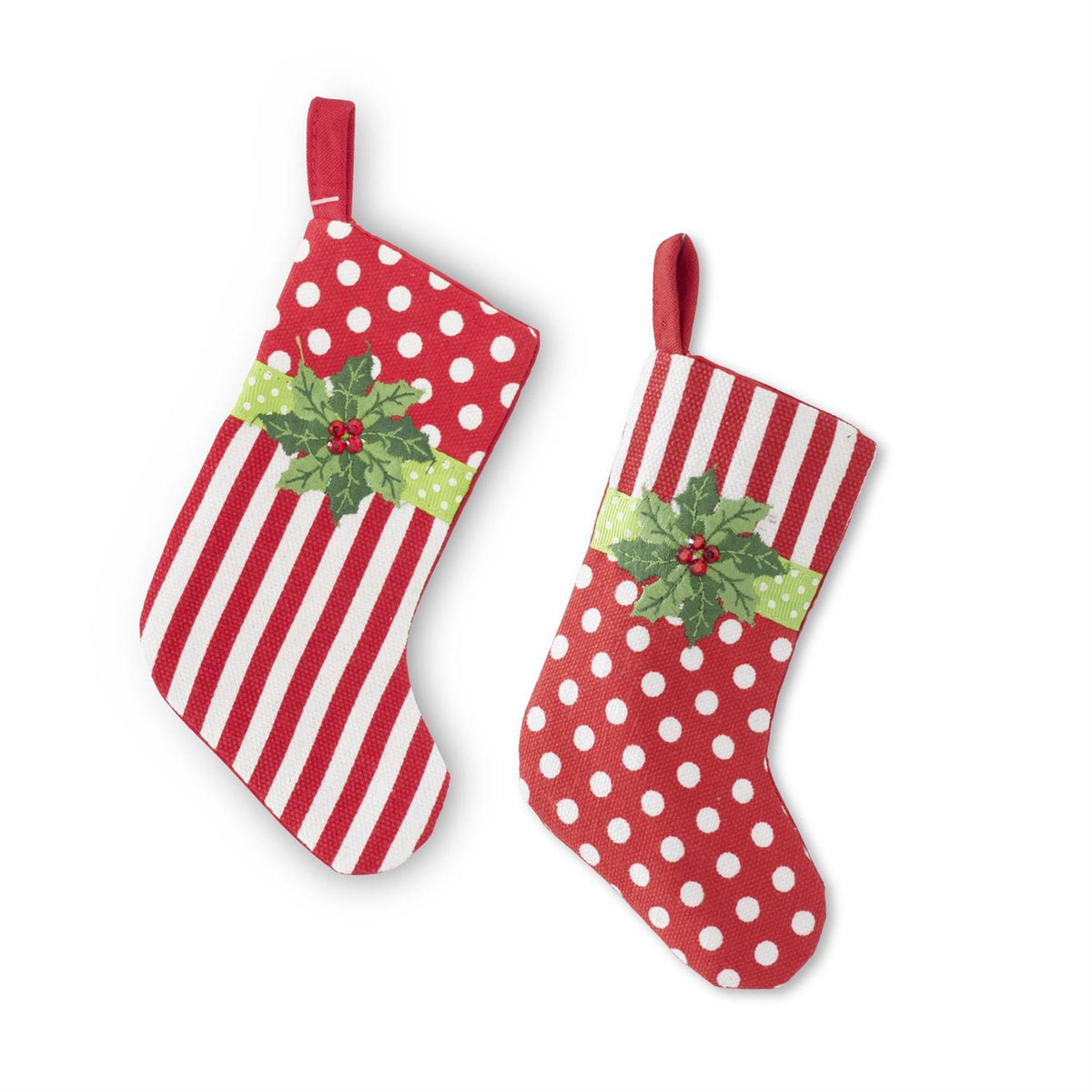 Assorted Red & White Mini Christmas Stocking – Striped & Polka-Dot with Holly Embroidery
