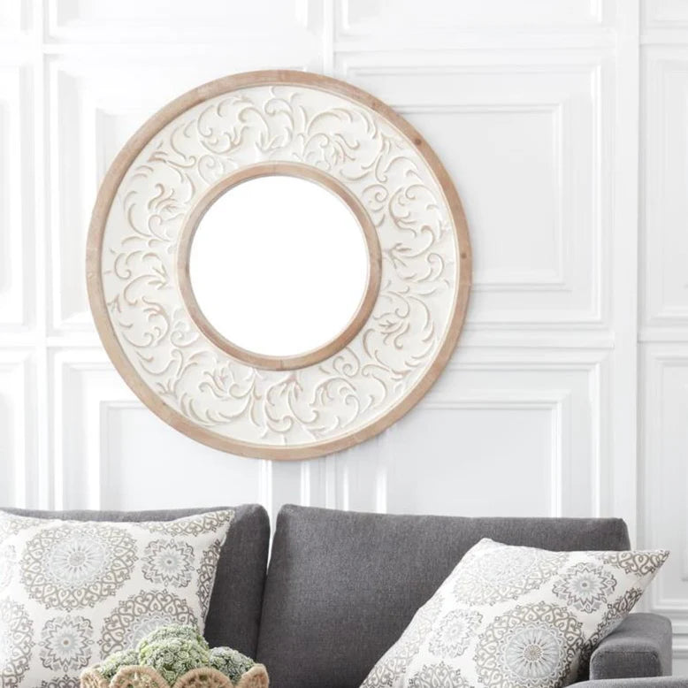 Round Whitewashed and Natural Embossed Scroll Framed Wall Mirror