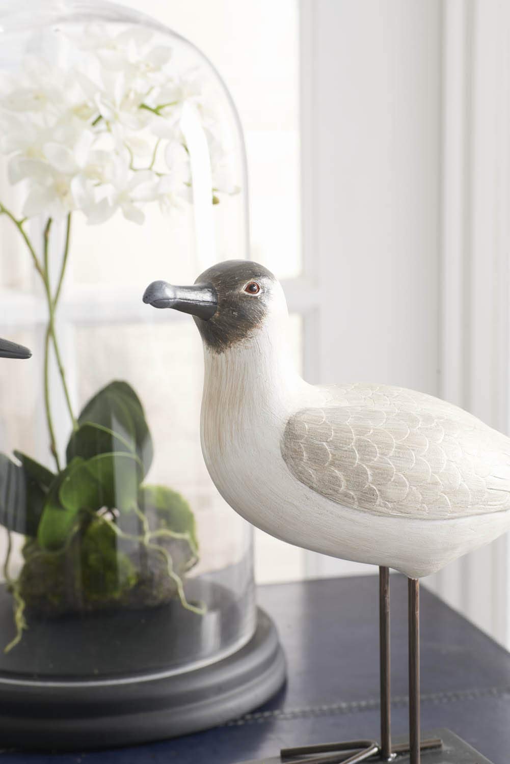 Cream and Brown Resin Seagulls with Metal Legs on Black Base