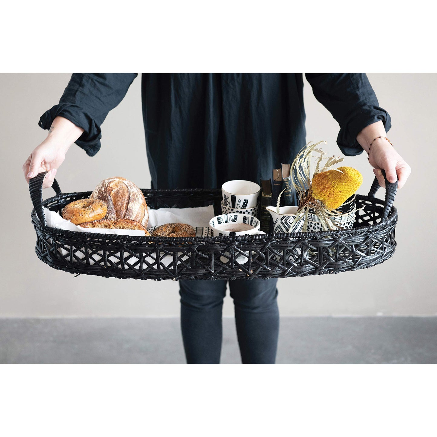 Decorative Hand-Woven Rattan Tray with Handles, Black