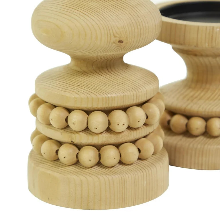 Light Wood Beaded Candle Holder