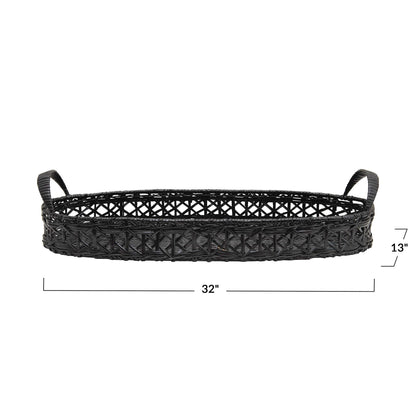 Decorative Hand-Woven Rattan Tray with Handles, Black