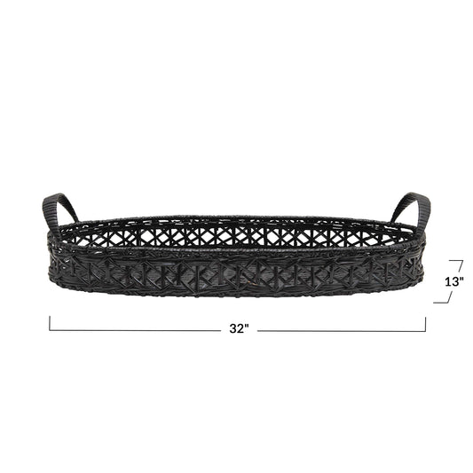 Decorative Hand-Woven Rattan Tray with Handles, Black
