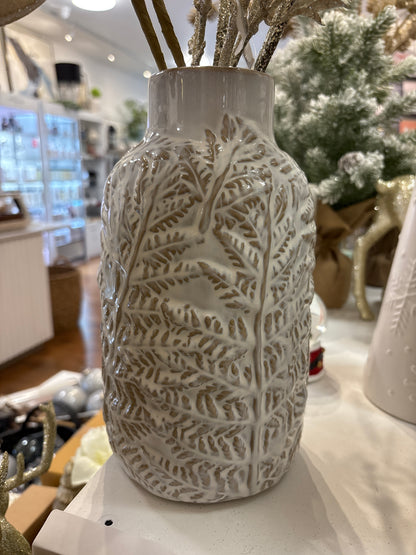 Leaf-Embossed Ceramic Vase – 10”