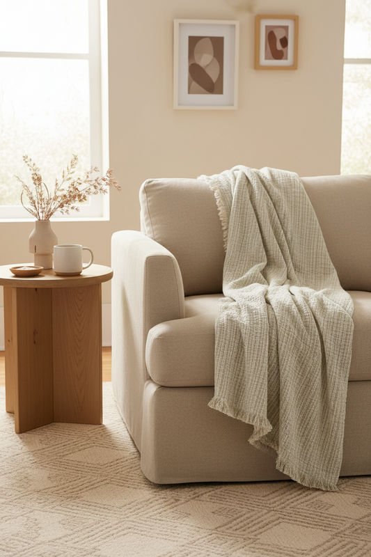 Striped White Dusty Blue Cotton Blanket