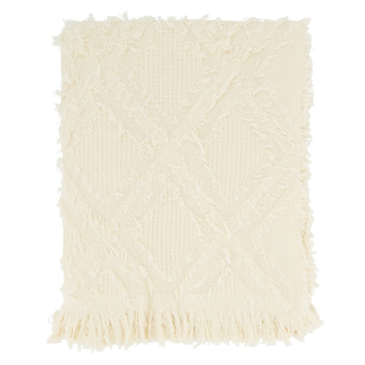 Ivory Fringe Waffle Weave Throw Blanket