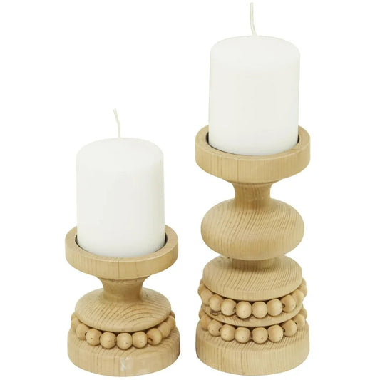 Light Wood Beaded Candle Holder