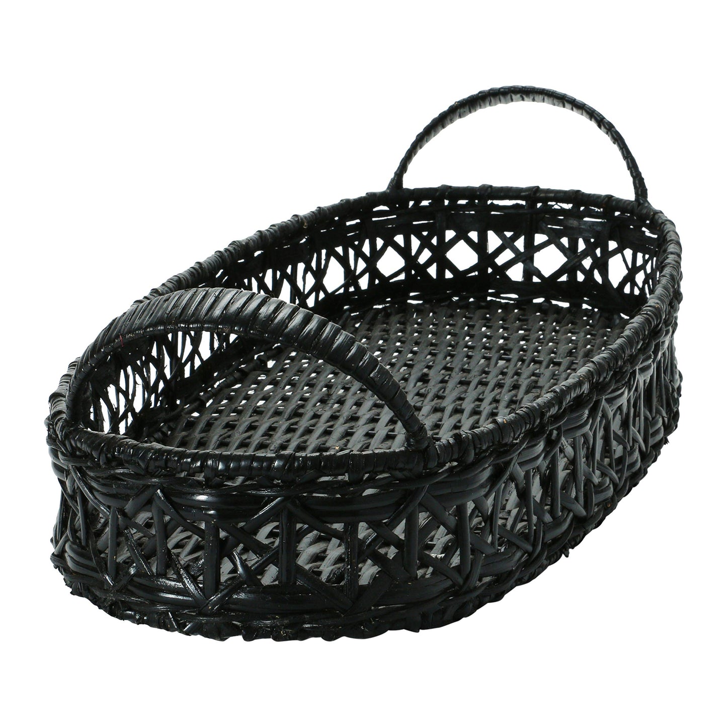 Decorative Hand-Woven Rattan Tray with Handles, Black
