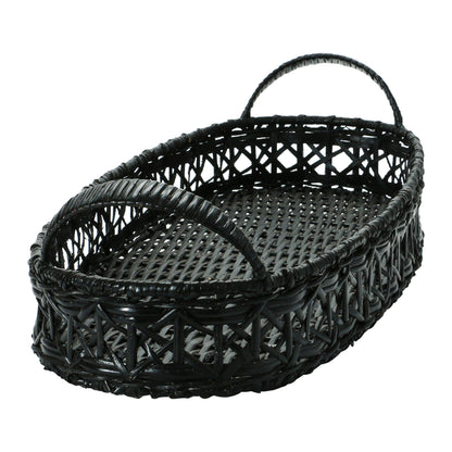 Decorative Hand-Woven Rattan Tray with Handles, Black