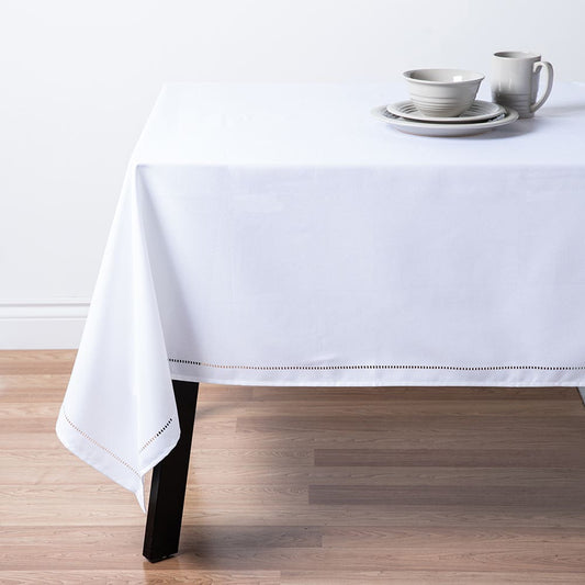 Hemstitch Linen Look White Tablecloth 60"x120"