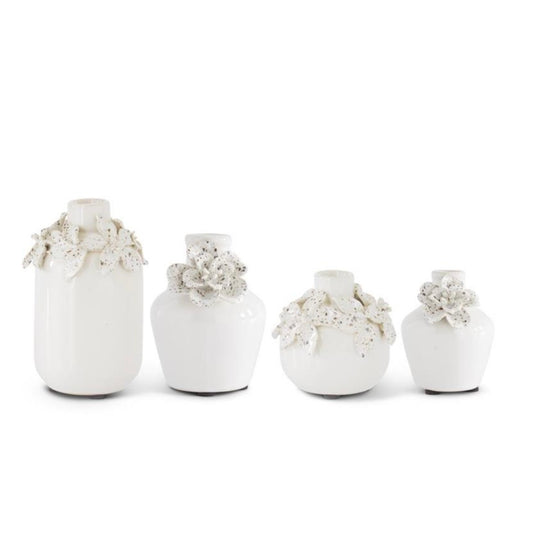 White Ceramic Vase with Raised Flowers