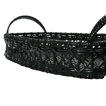Decorative Hand-Woven Rattan Tray with Handles, Black