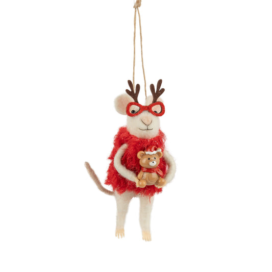 Felt Mouse Ornament in Red with Red Antler Sunglasses