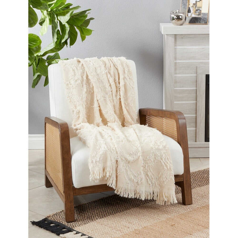Ivory Fringe Waffle Weave Throw Blanket