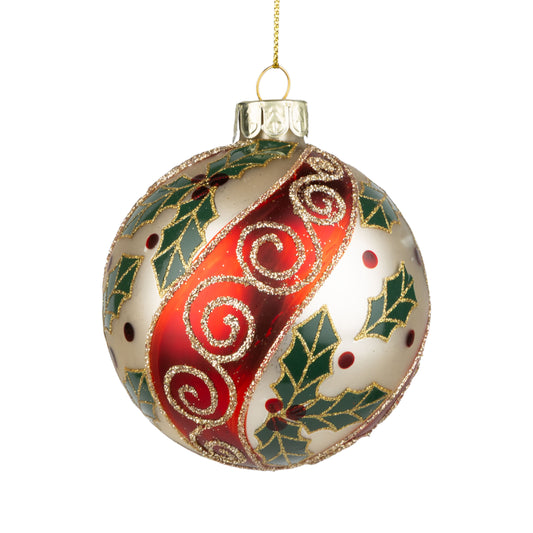 Holly & Gold Swirl Glass Christmas Ornament, 3"