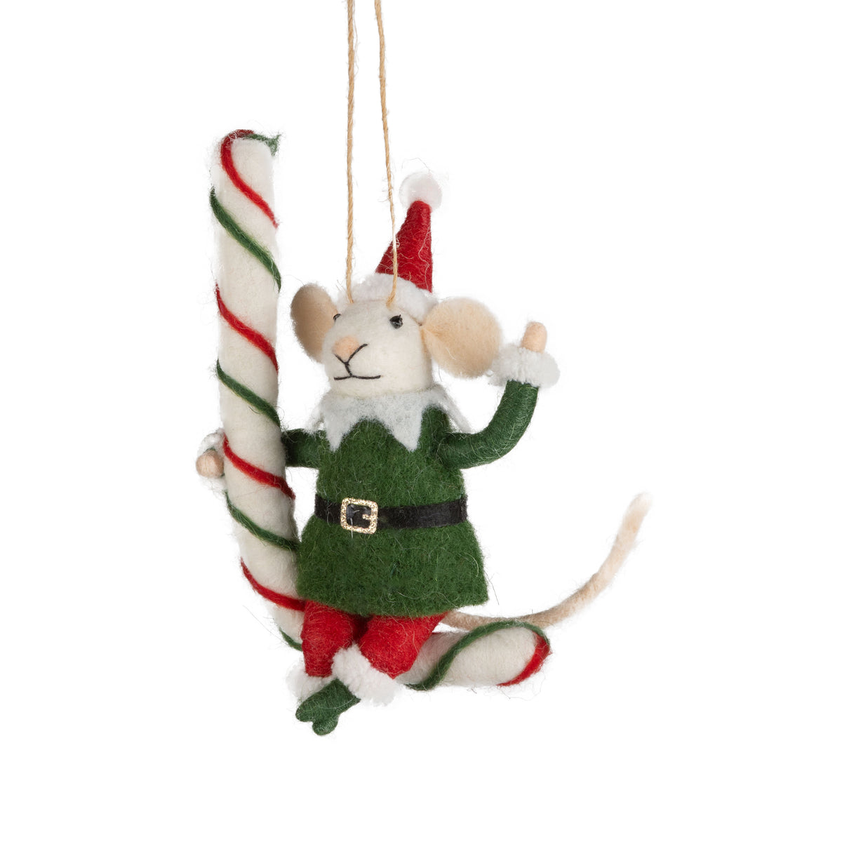 Felt Elf Mouse on Candy Cane Christmas Ornament