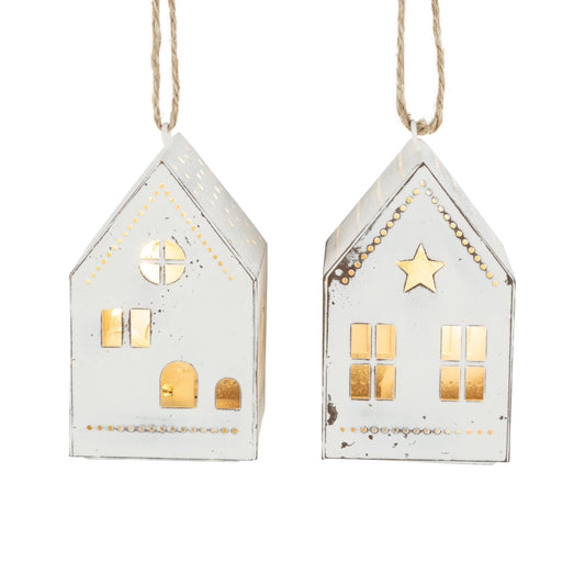 Antique White LED Metal House Ornament, 3"